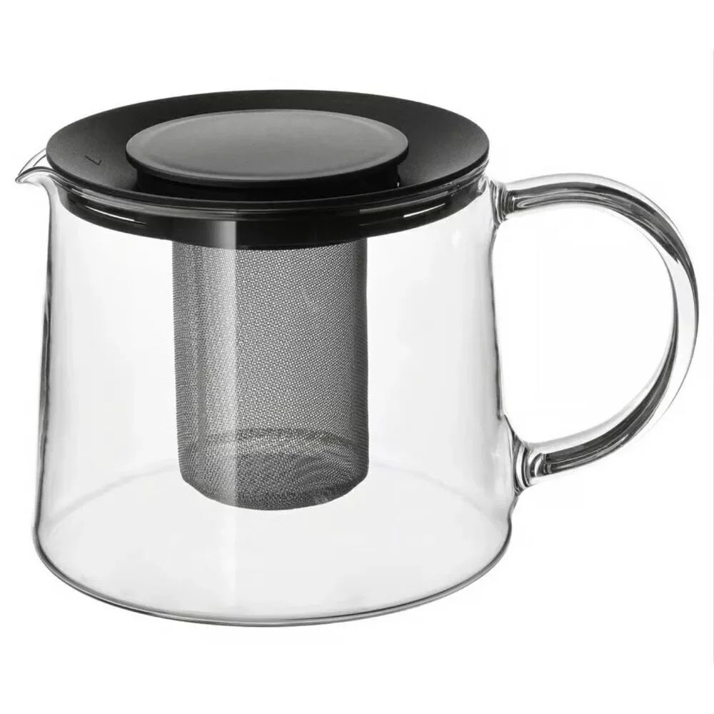 IKEA RIKLIG Clear Black Lid Stainless Steel Infuser Glass Teapot .6 Quart NWOT